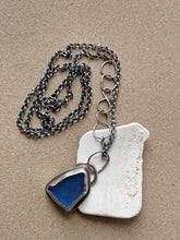 Load image into Gallery viewer, Sterling Silver Stamped Pendant with Cobalt Blue Sea Glass & Chain