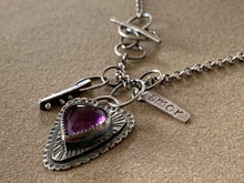 Load image into Gallery viewer, Sterling Silver Amethyst Heart Pendant w/ Sterling Charms and Rollo Chain