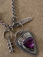 Load image into Gallery viewer, Sterling Silver Amethyst Heart Pendant w/ Sterling Charms and Rollo Chain