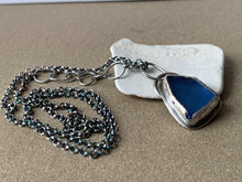 Load image into Gallery viewer, Sterling Silver Stamped Pendant with Cobalt Blue Sea Glass & Chain