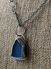 Load image into Gallery viewer, Sterling Silver Stamped Pendant with Cobalt Blue Sea Glass & Chain
