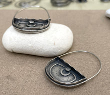 Load image into Gallery viewer, Sterling Silver Half Moon Shadowbox Stamped Hoops
