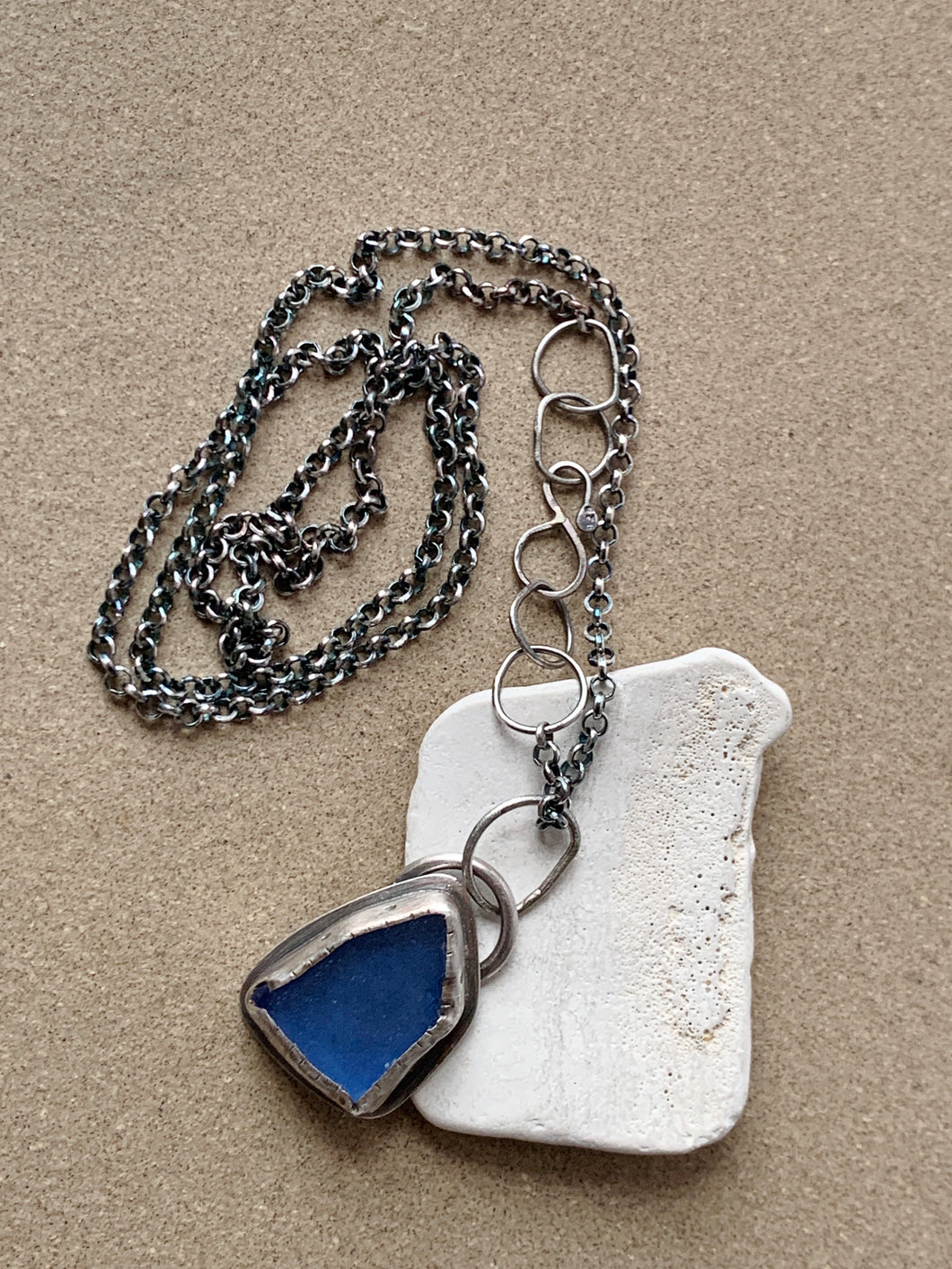 Sterling Silver Stamped Pendant with Cobalt Blue Sea Glass & Chain