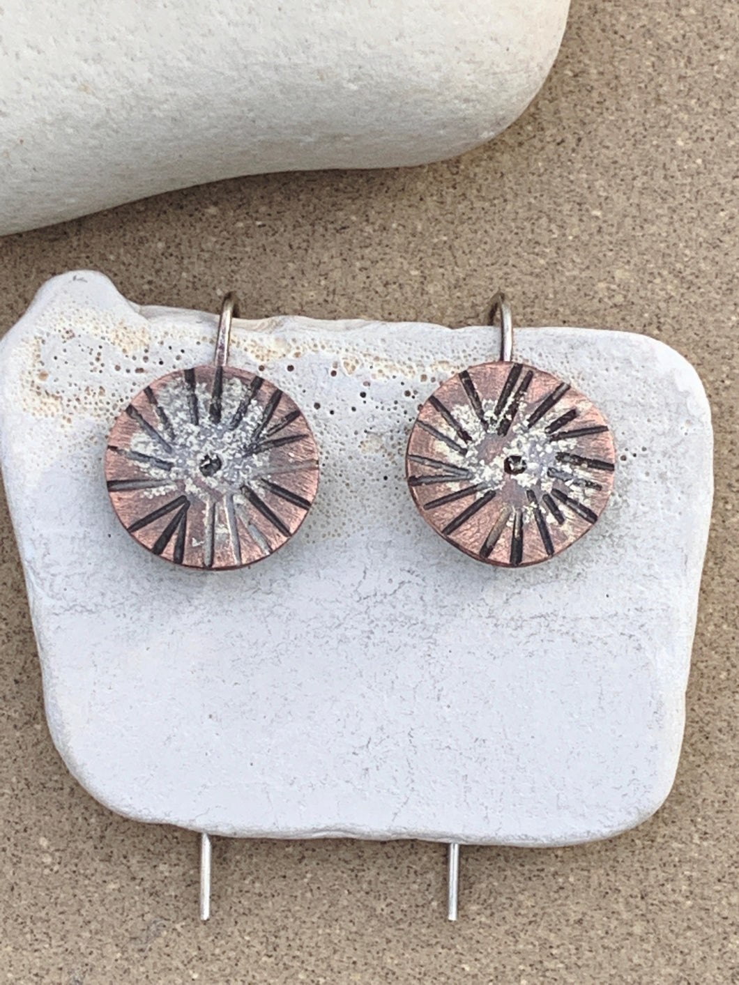 Copper Stamped Circle Disc Flora Earrings w Sterling Silver Dust