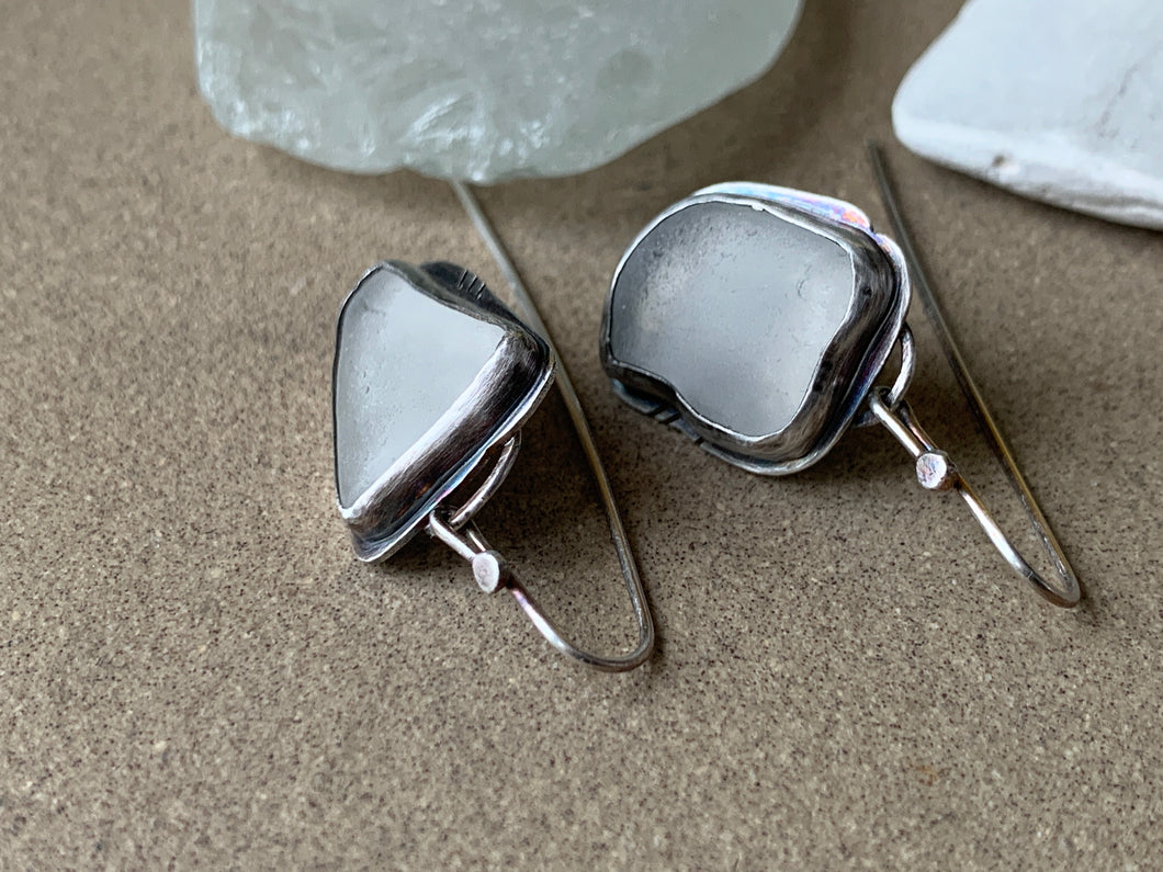 Custom Sterling Silver Cloudy White Found Sea Glass Dangle Earrings