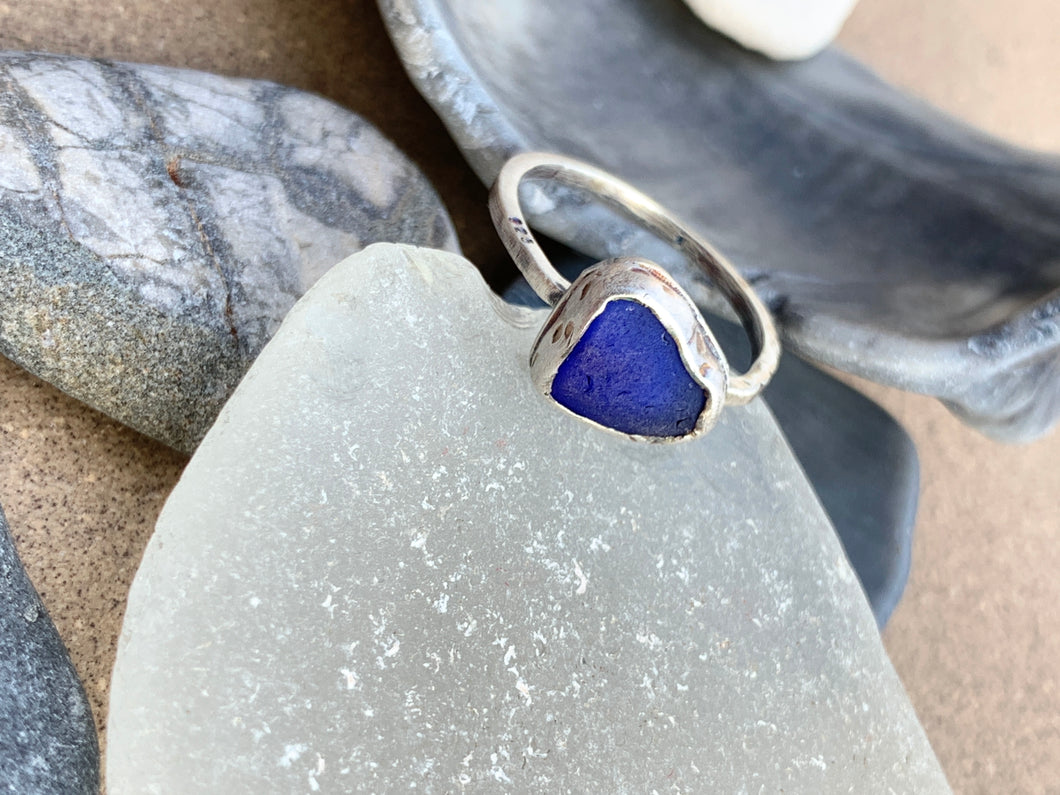 Custom Sterling Silver & Cobalt Blue Sea Glass Ring