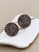 Load image into Gallery viewer, Copper Stamped Circle Disc Flora Earrings w Sterling Silver Dust
