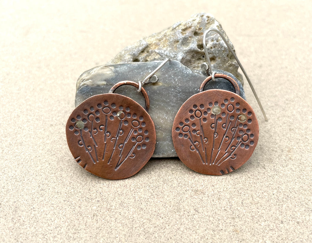 Hand Cut Copper Circular Discs w/Stamped Flowers Earrings