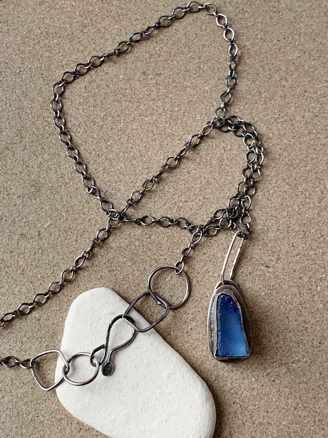 Custom Sterling Silver Triangle Cobalt Blue Sea Glass Pendant & Chain