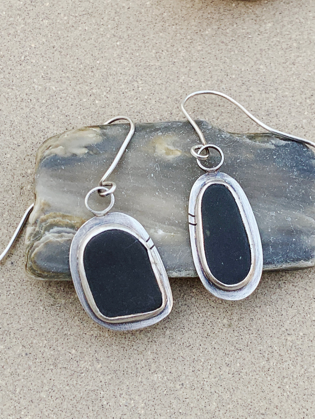 Dark Grey Beach Rock Set in Sterling Silver Earrings