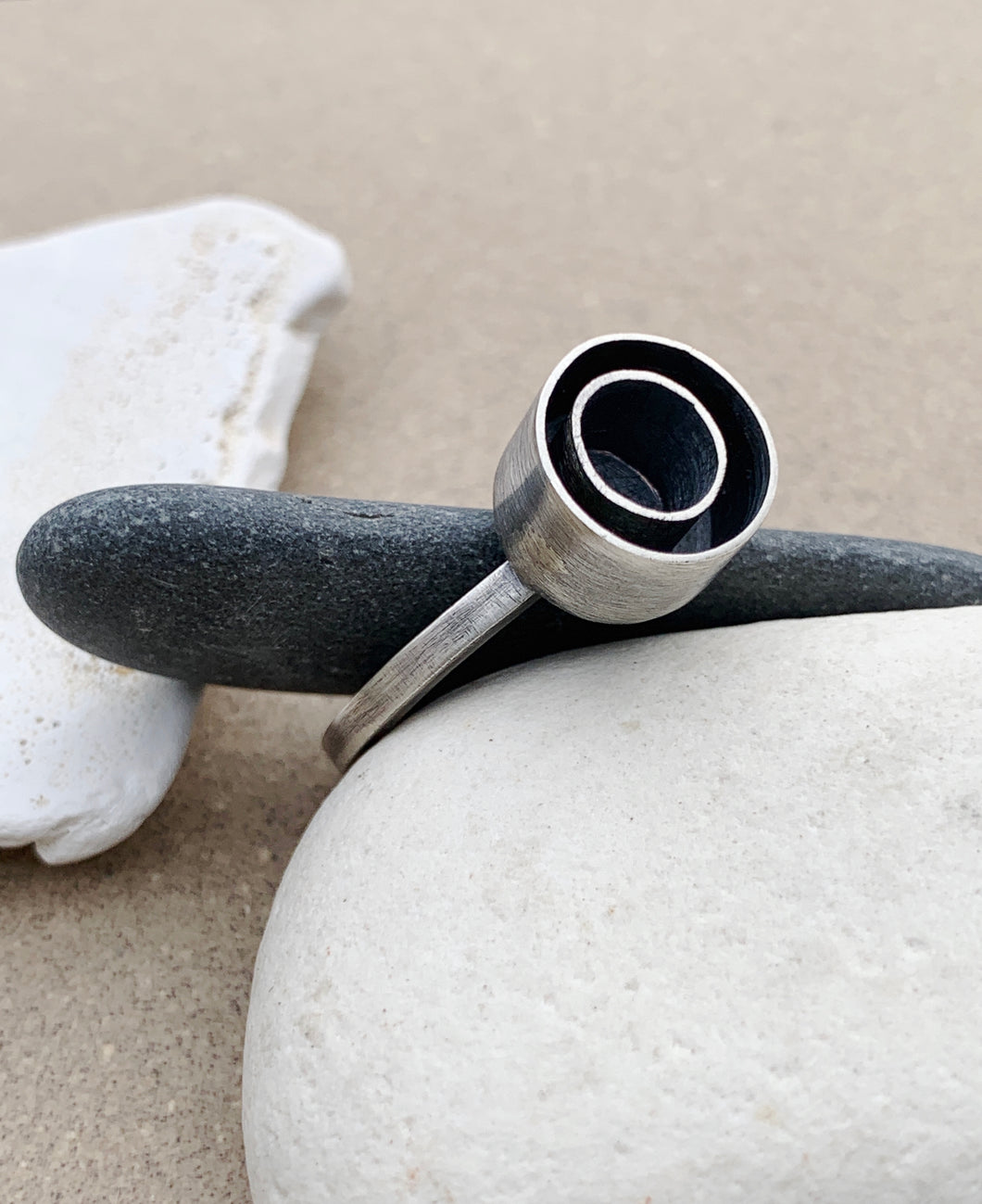 Sterling Silver High Circle In Circle Oxidized Ring