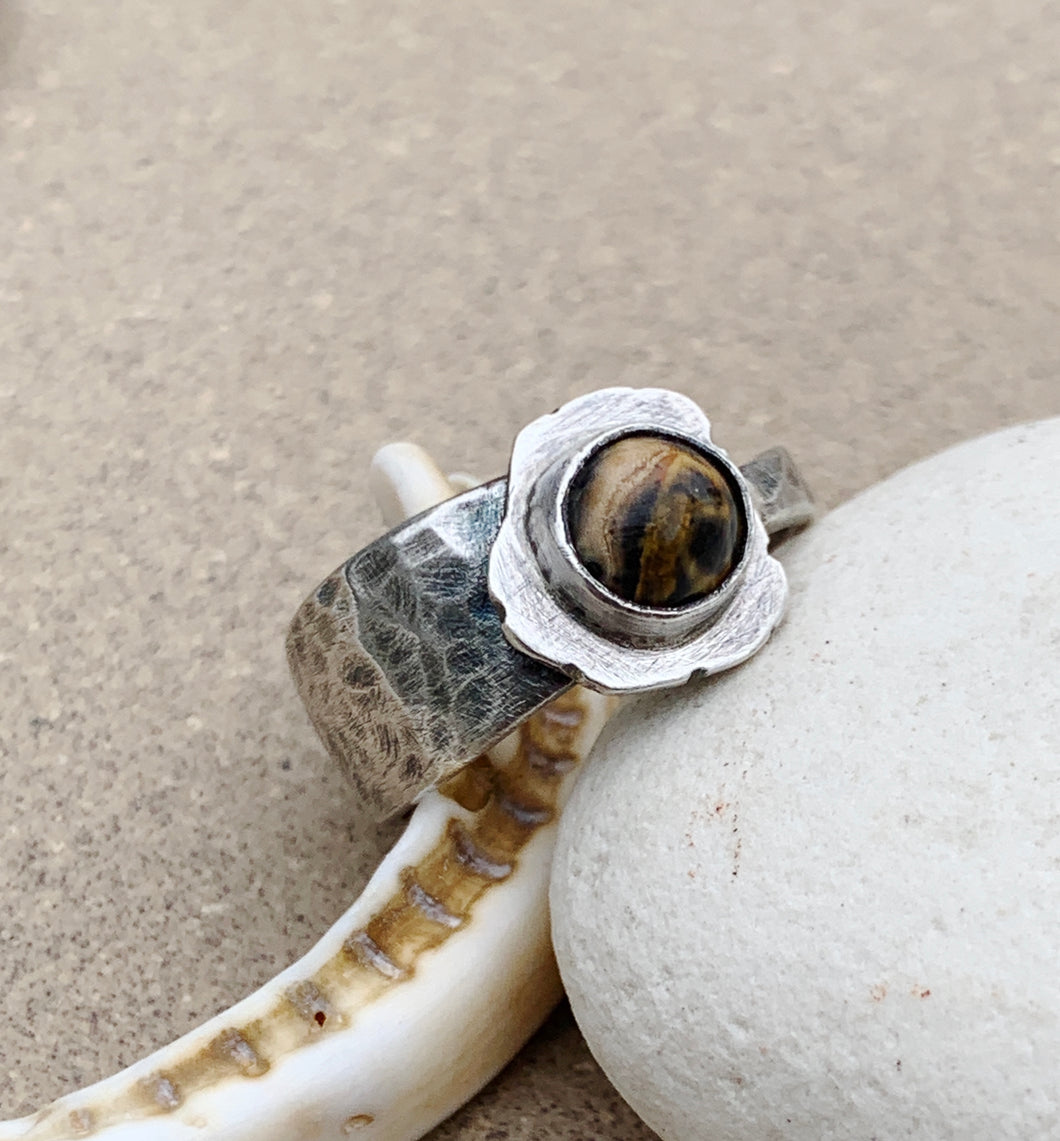 Hammered Sterling Silver Ring w/ Brown Agate