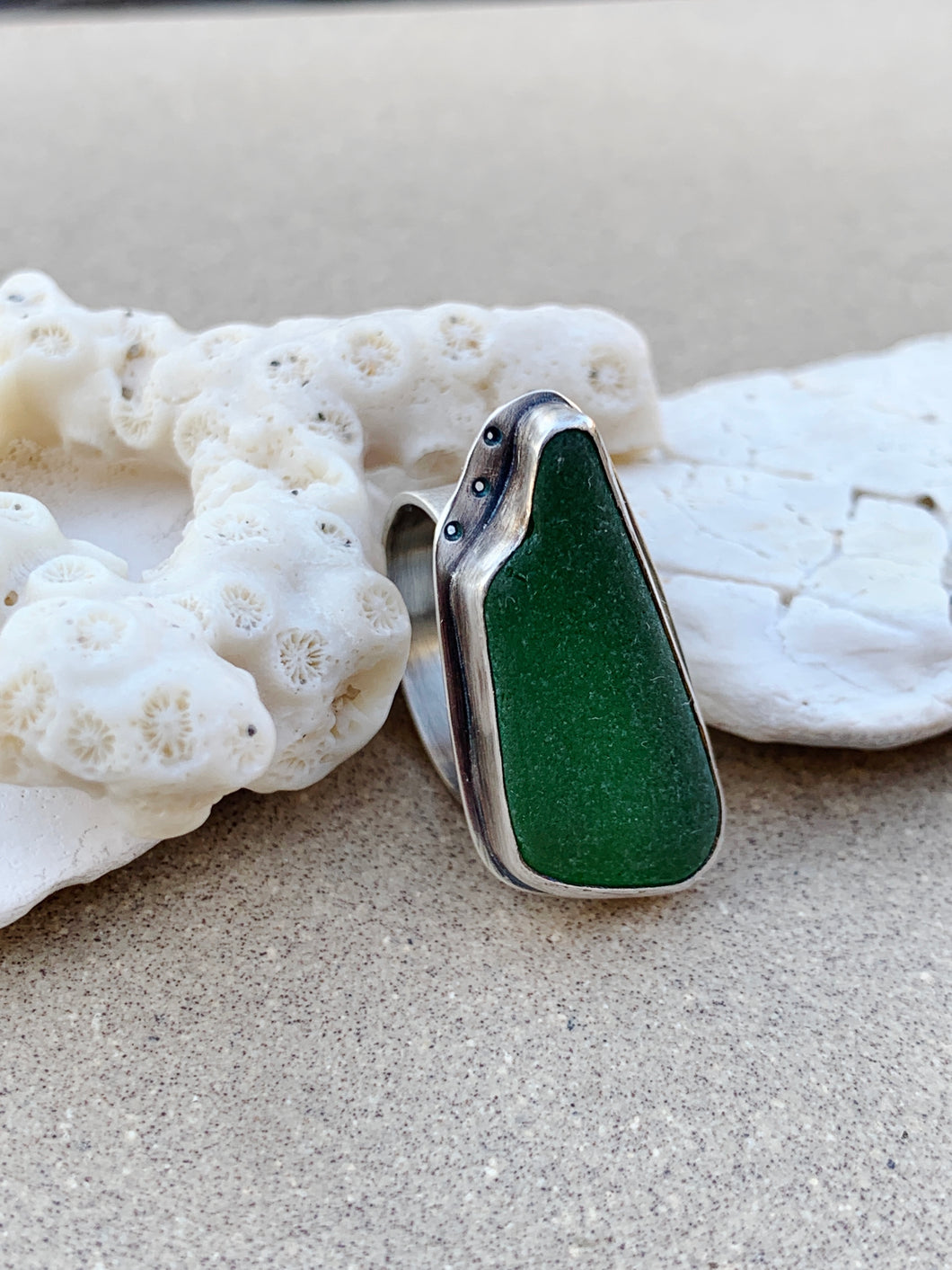 Custom Sterling Silver & Green Sea Glass Ring