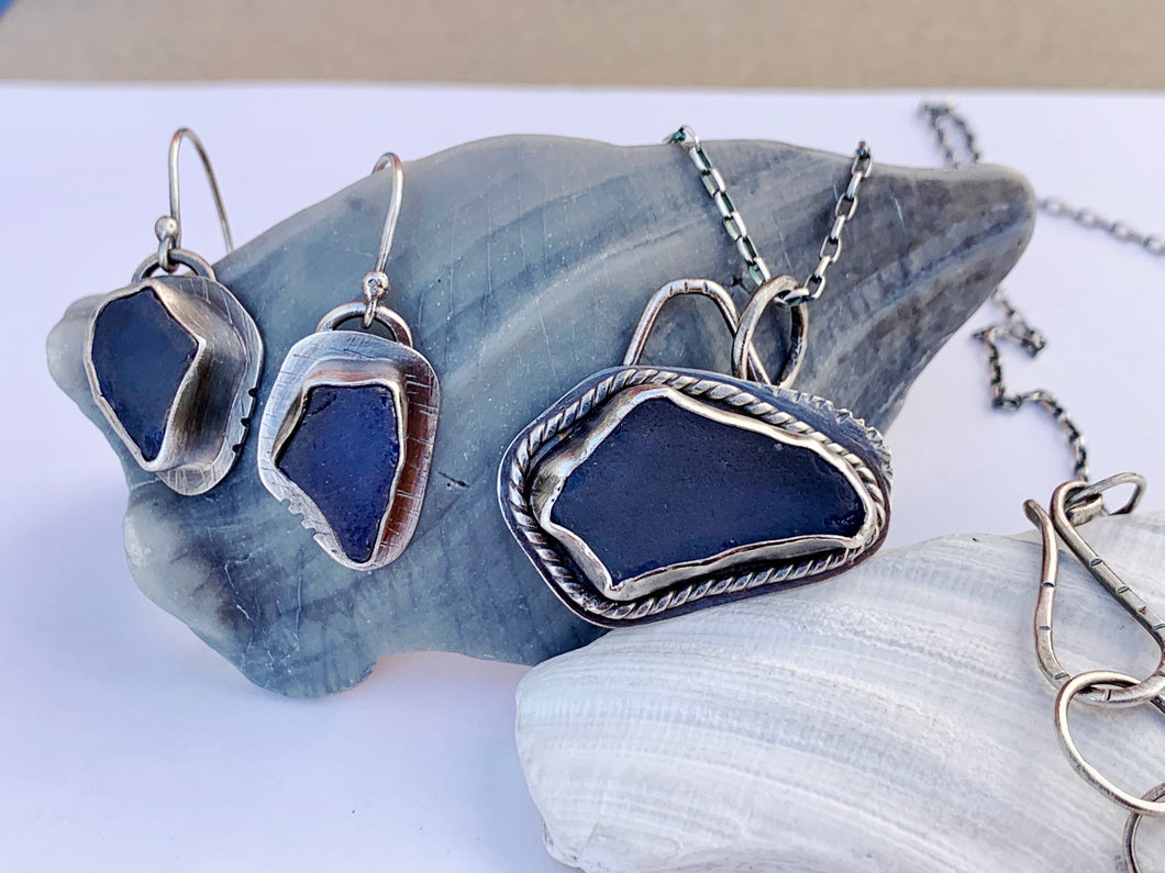 Custom Sterling Silver & Blue Found Sea Glass Pendant / Chain & Earrings