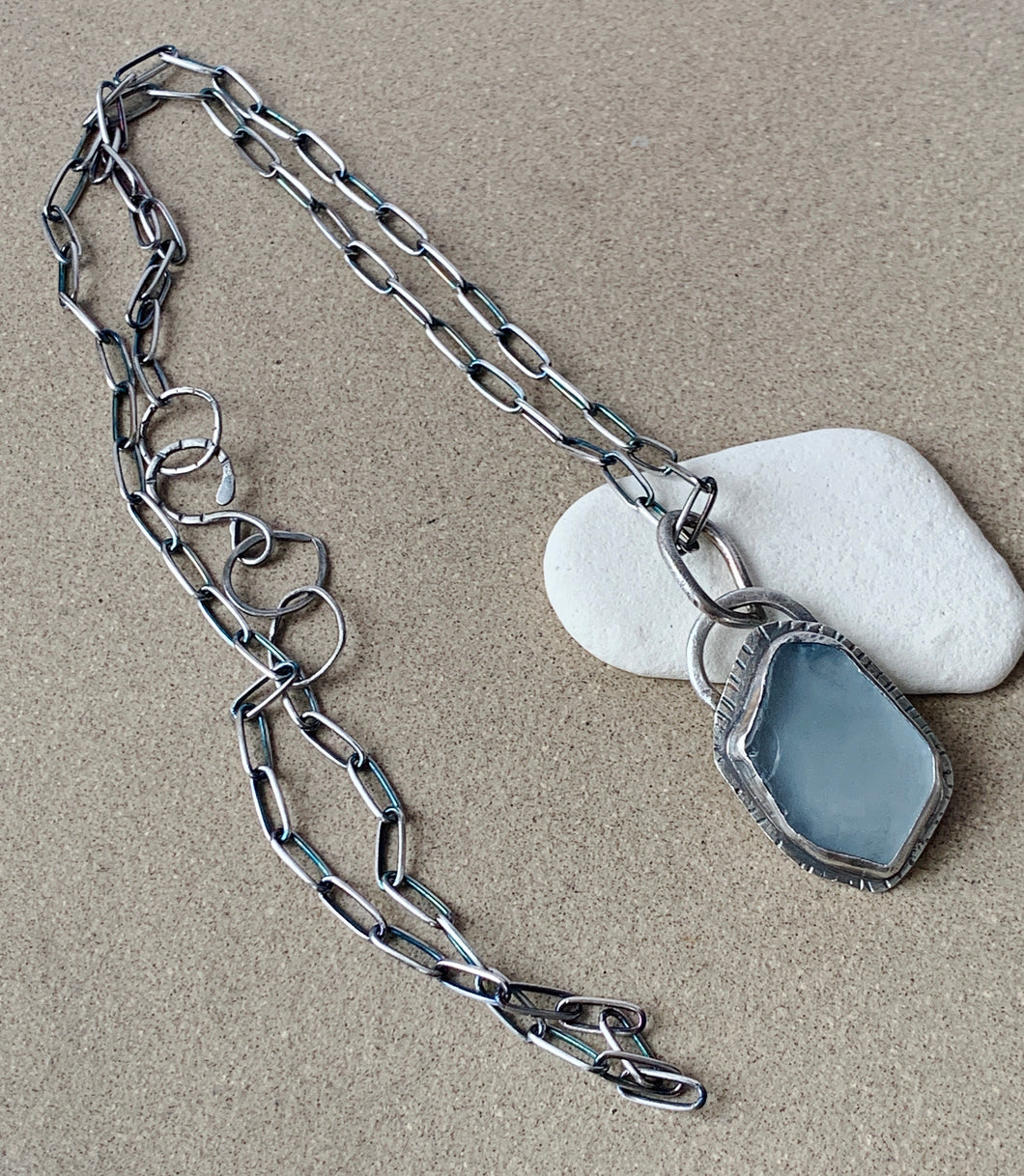 Custom Sterling Silver With Ice Blue Sea Glass Pendant & Sterling Chain