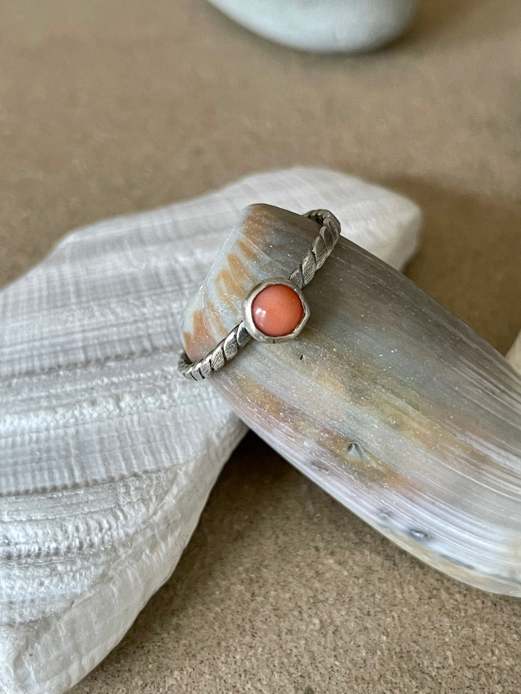 Sterling Silver Twisted Band W/ Round Pink Coral Ring