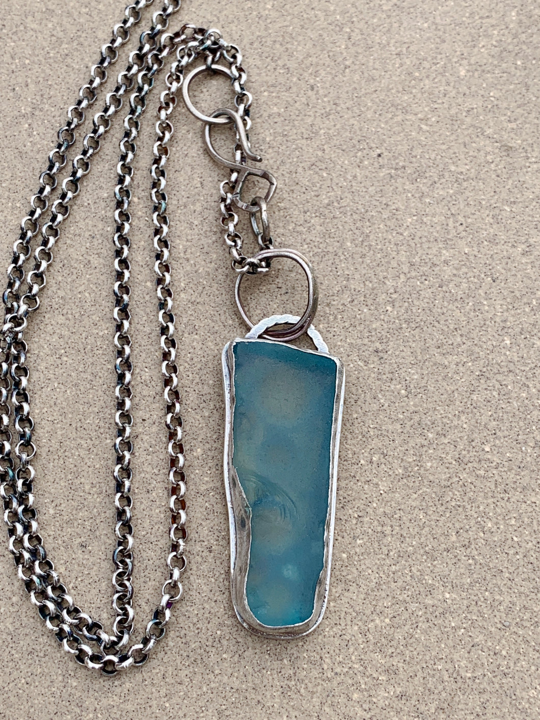 Sterling Silver Pendant Ice Blue Sea Glass w Sterling Chain