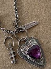 Load image into Gallery viewer, Sterling Silver Amethyst Heart Pendant w/ Sterling Charms and Rollo Chain

