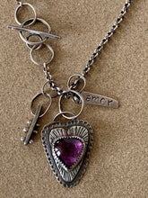 Load image into Gallery viewer, Sterling Silver Amethyst Heart Pendant w/ Sterling Charms and Rollo Chain
