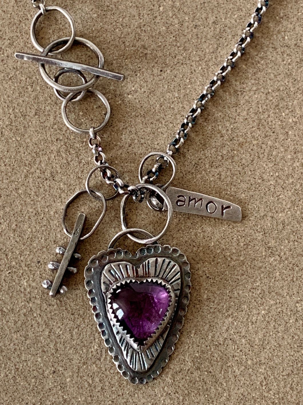 Sterling Silver Amethyst Heart Pendant w/ Sterling Charms and Rollo Chain