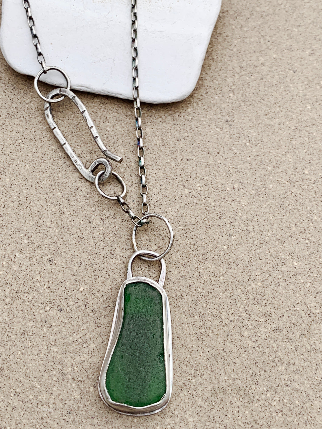 Sterling Silver Green Sea Glass Pendant Back Cut Out w Sterling Chain
