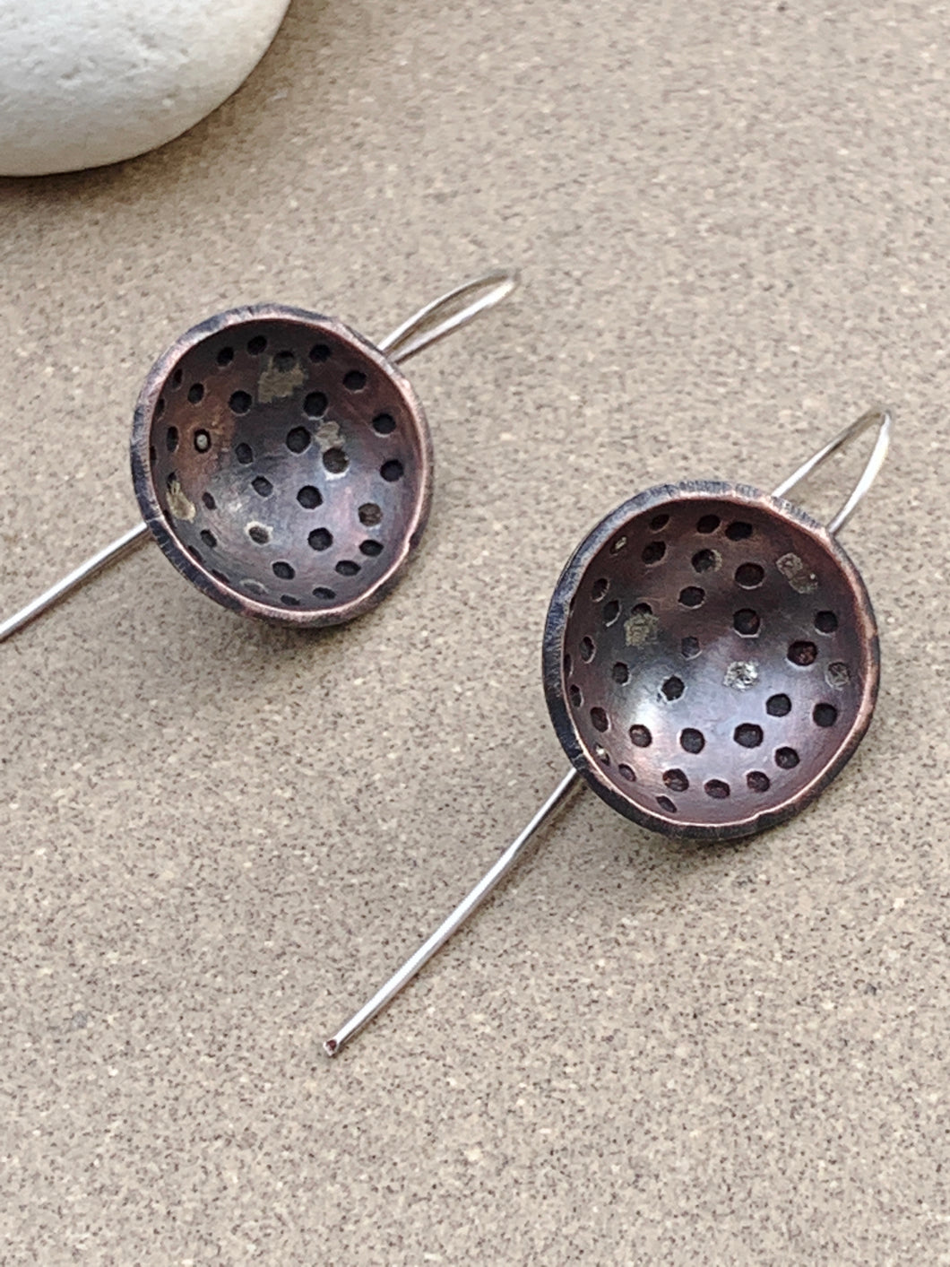 Copper Domed & Stamped Earrings w Sterling Dots