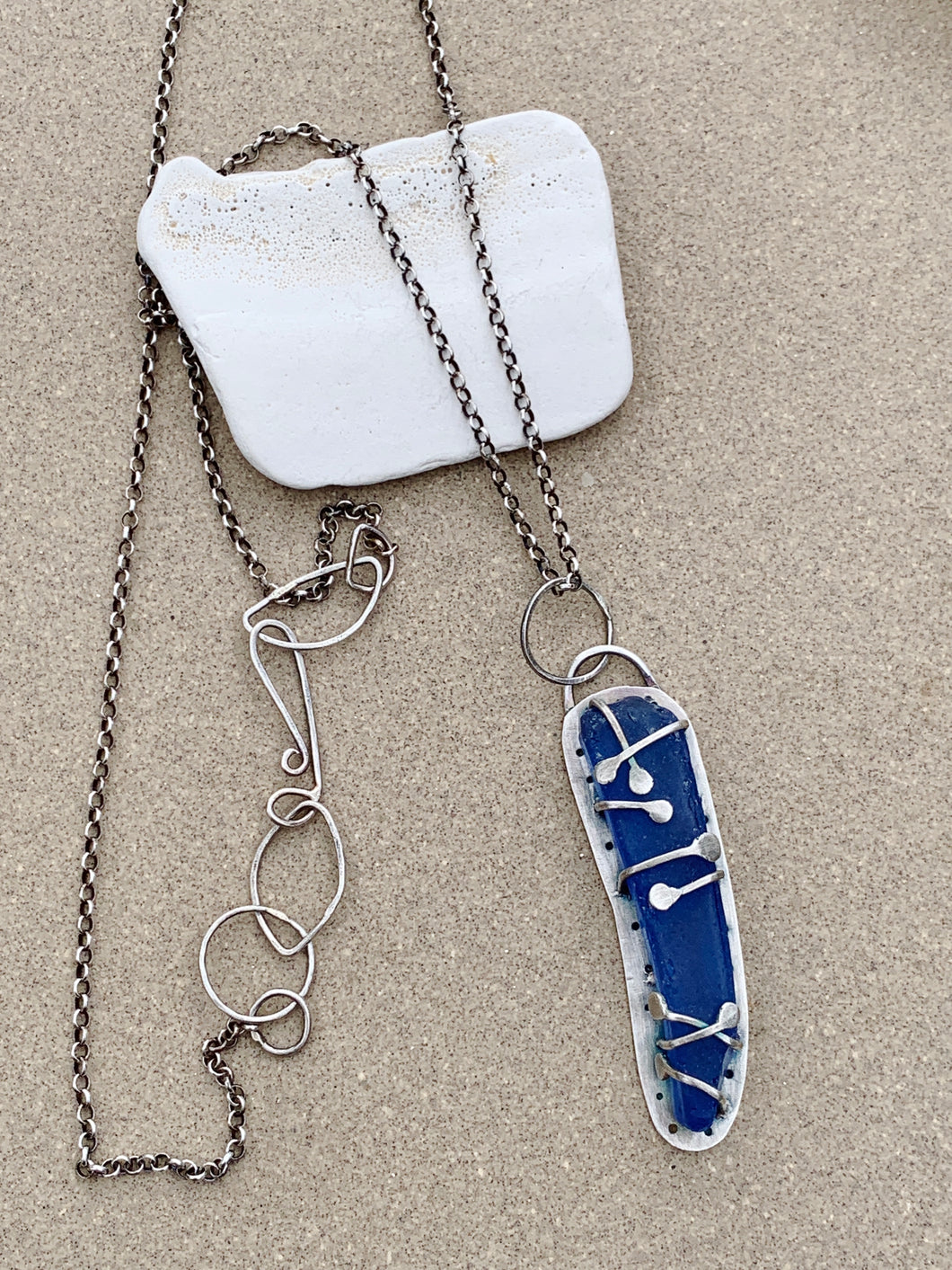 Custom Sterling Silver Pendant & Cobalt Blue Sea Glass w Chain