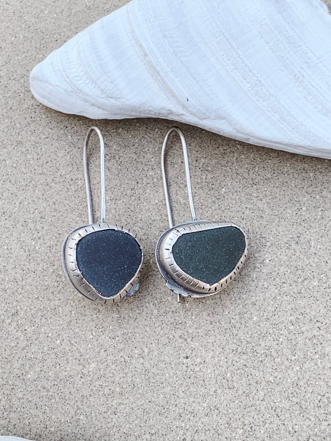 Sterling Silver Grey Beach Rock Earrings Etched Bezel