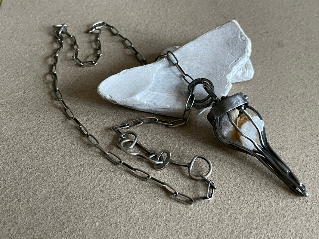 Sterling Silver Caged Quartz Crystal Geode Pendant w/ Paper Clip Chain