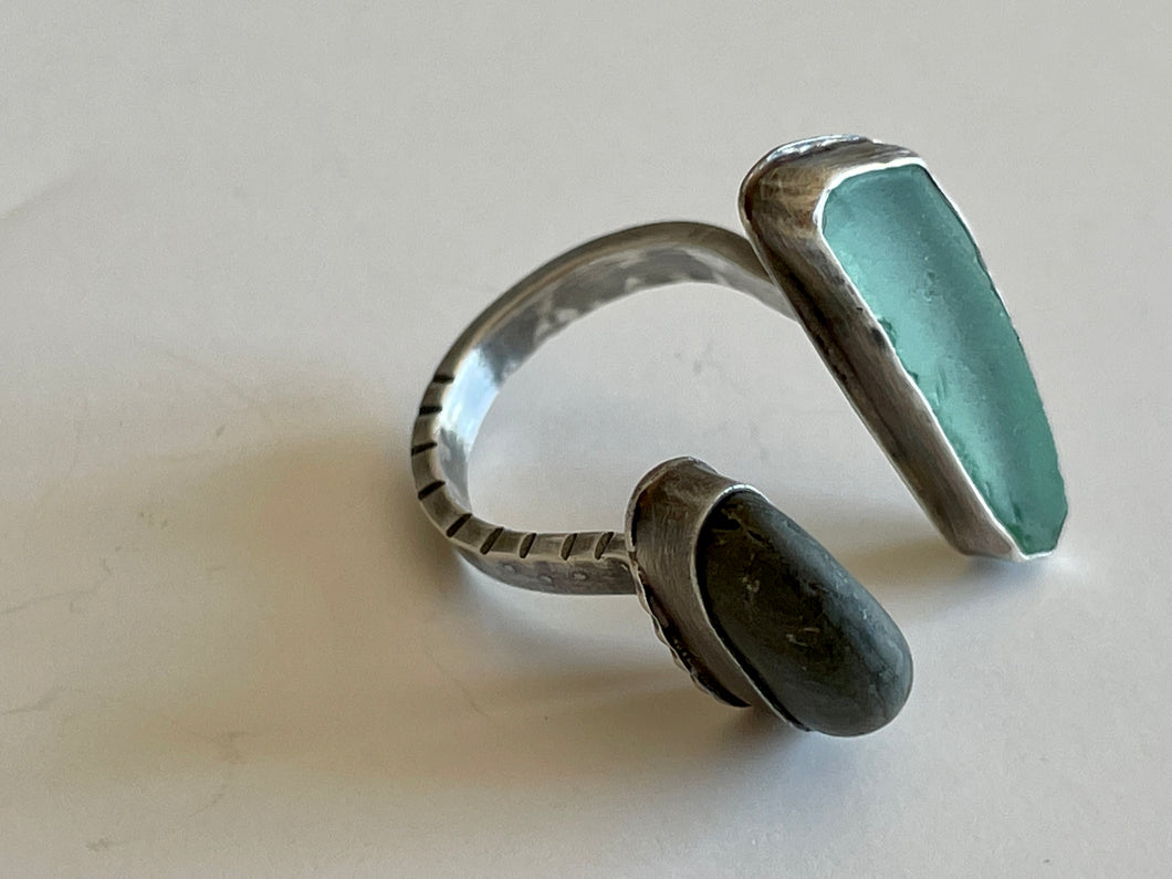 Sterling Silver Green Sea Glass and Found Rock Ring