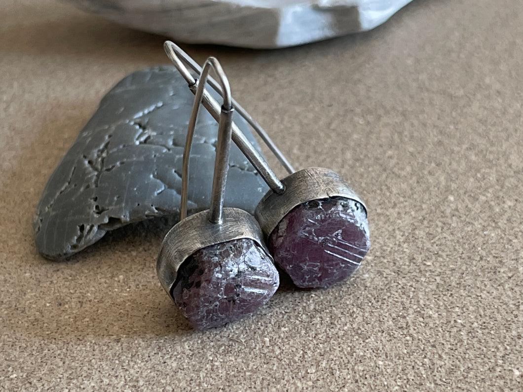 Sterling Silver & Raw Etched Ruby Earrings