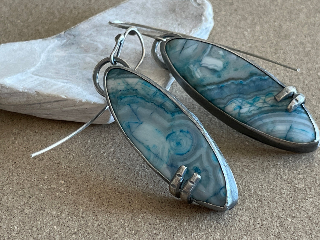 Sterling Silver Long Blue Agate Earrings