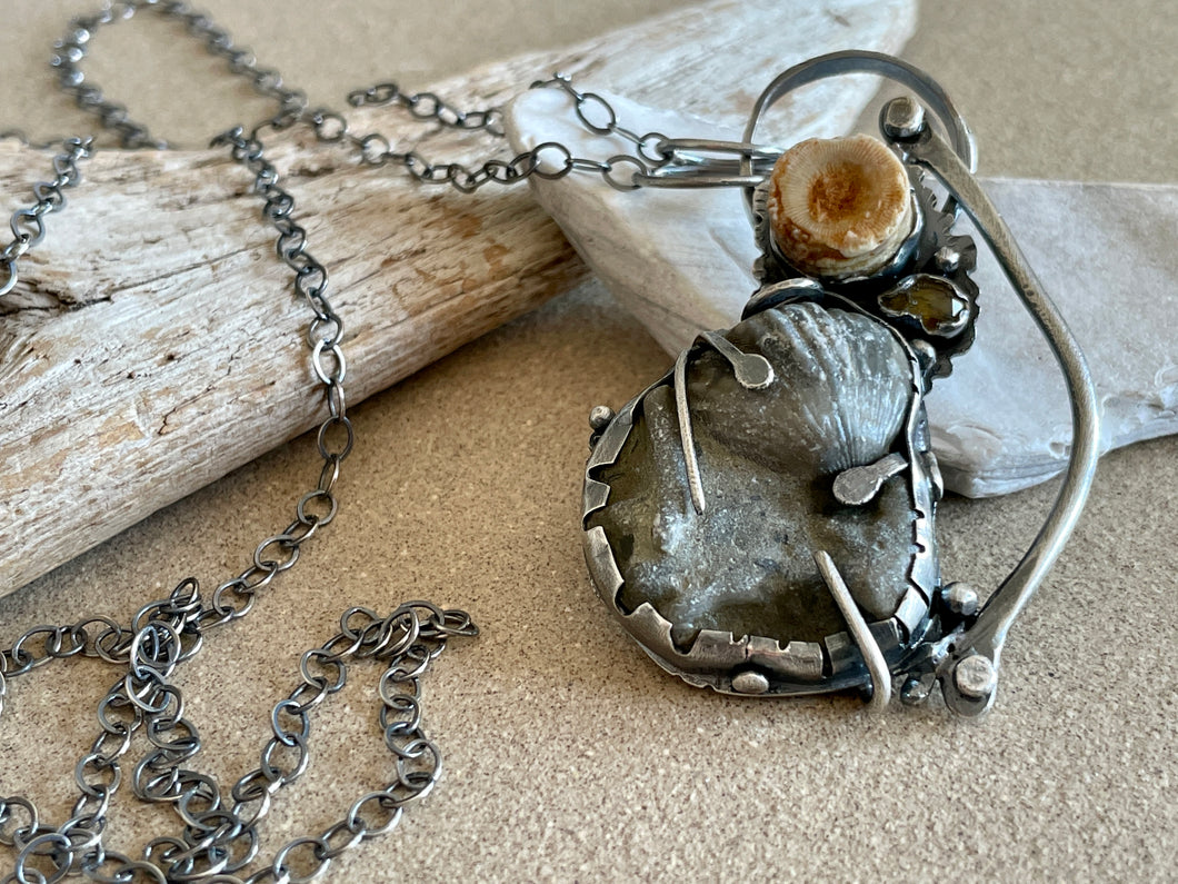Sterling Silver w/ Local Found Fossils / Tourmaline Necklace