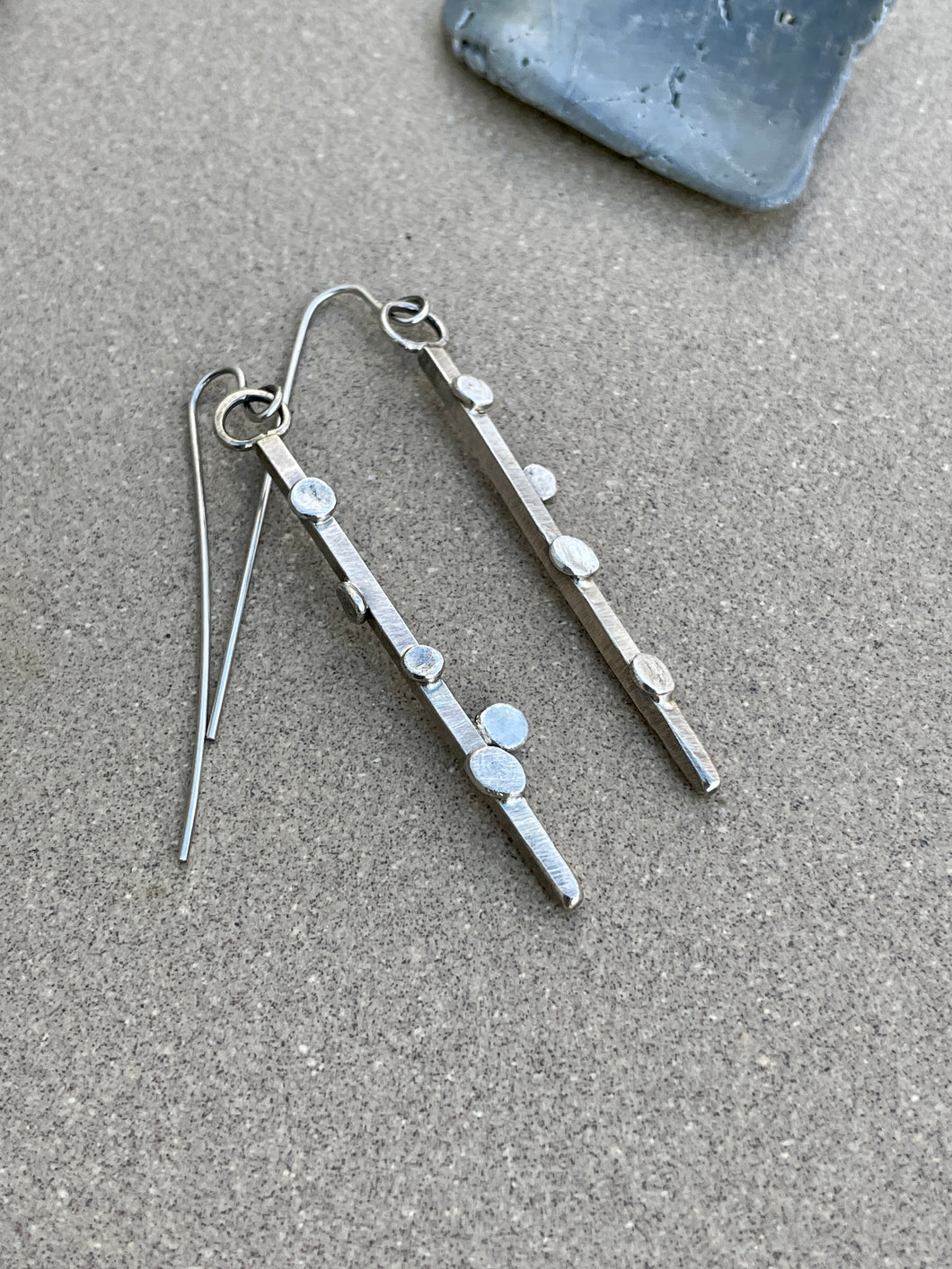 Sterling Silver Bar Dangle Earrings with Big Dots