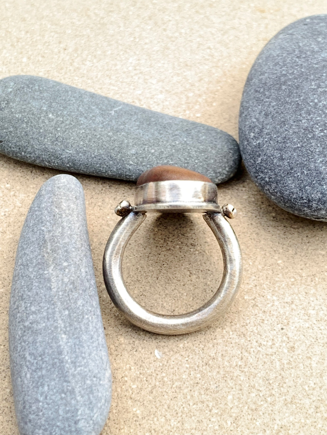 Sterling Silver Ring with Oval Brown Found River Rock