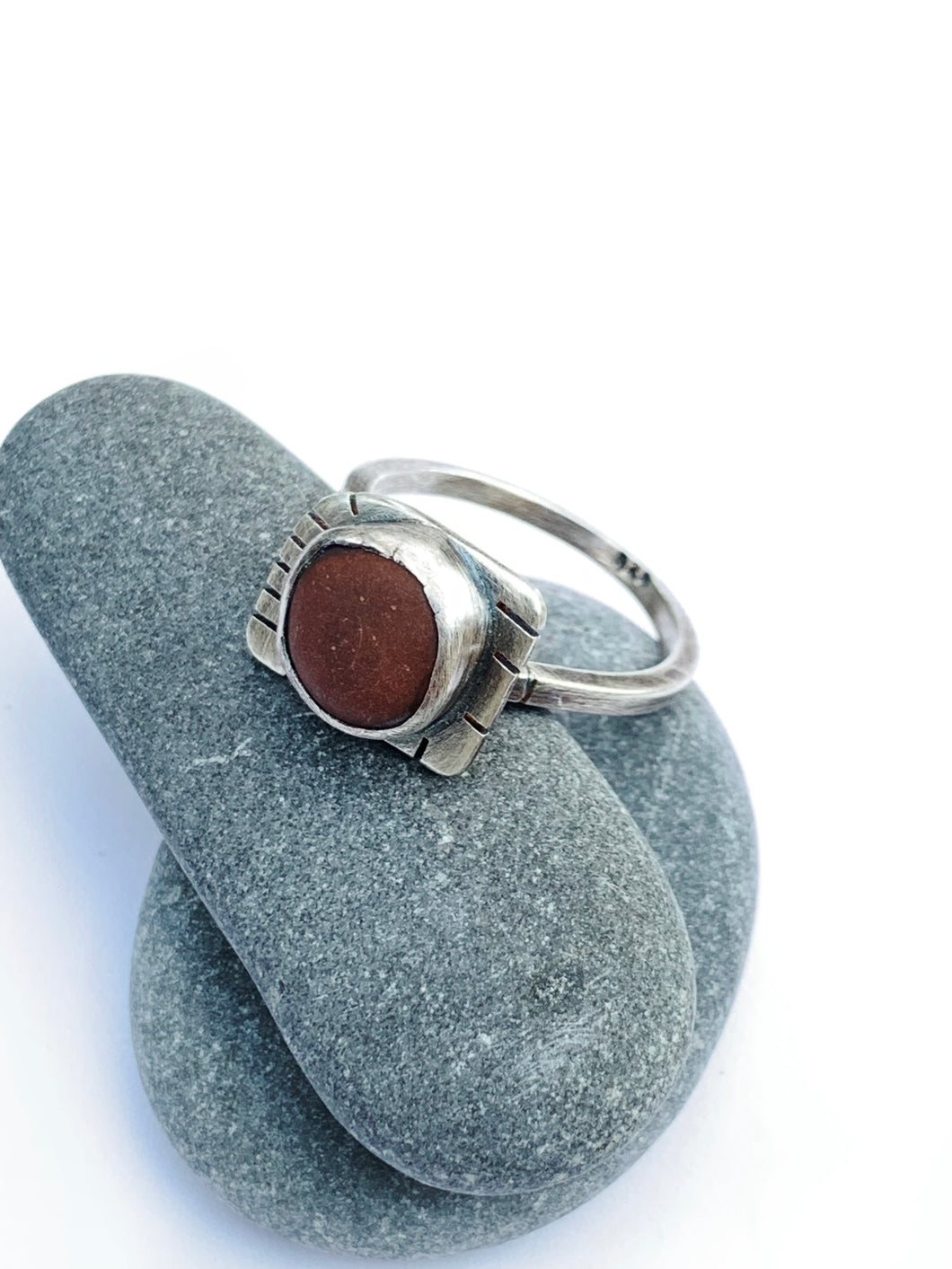 Sterling Silver Ring With Merlot Colored Beach Rock