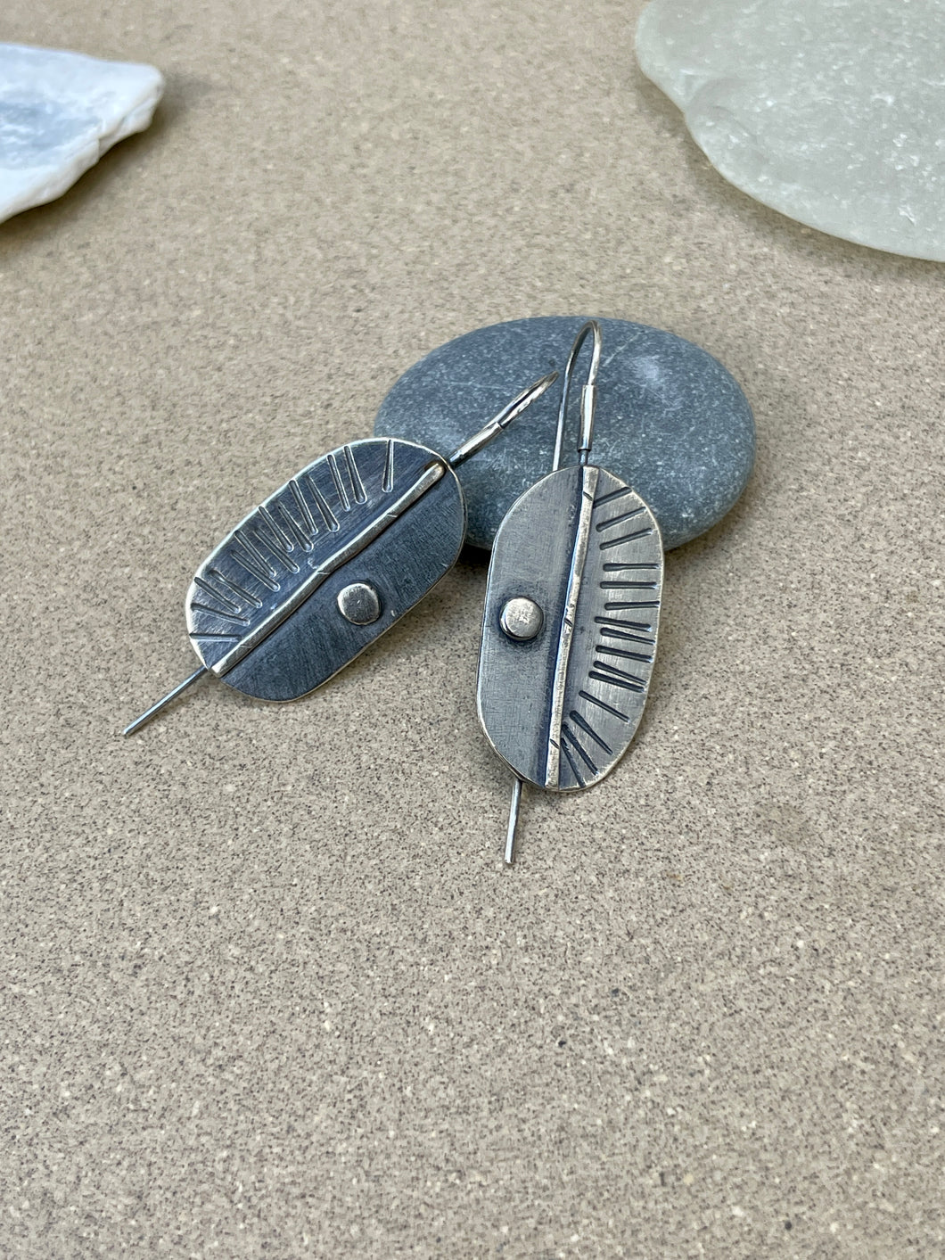 Sterling Silver Oval Leaf Stamped Earrings