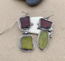 Load image into Gallery viewer, Sterling Silver Found Purple &amp; Green Sea Glass Earrings
