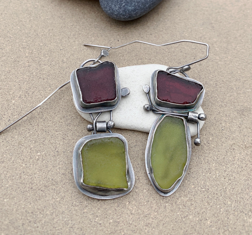 Sterling Silver Found Purple & Green Sea Glass Earrings