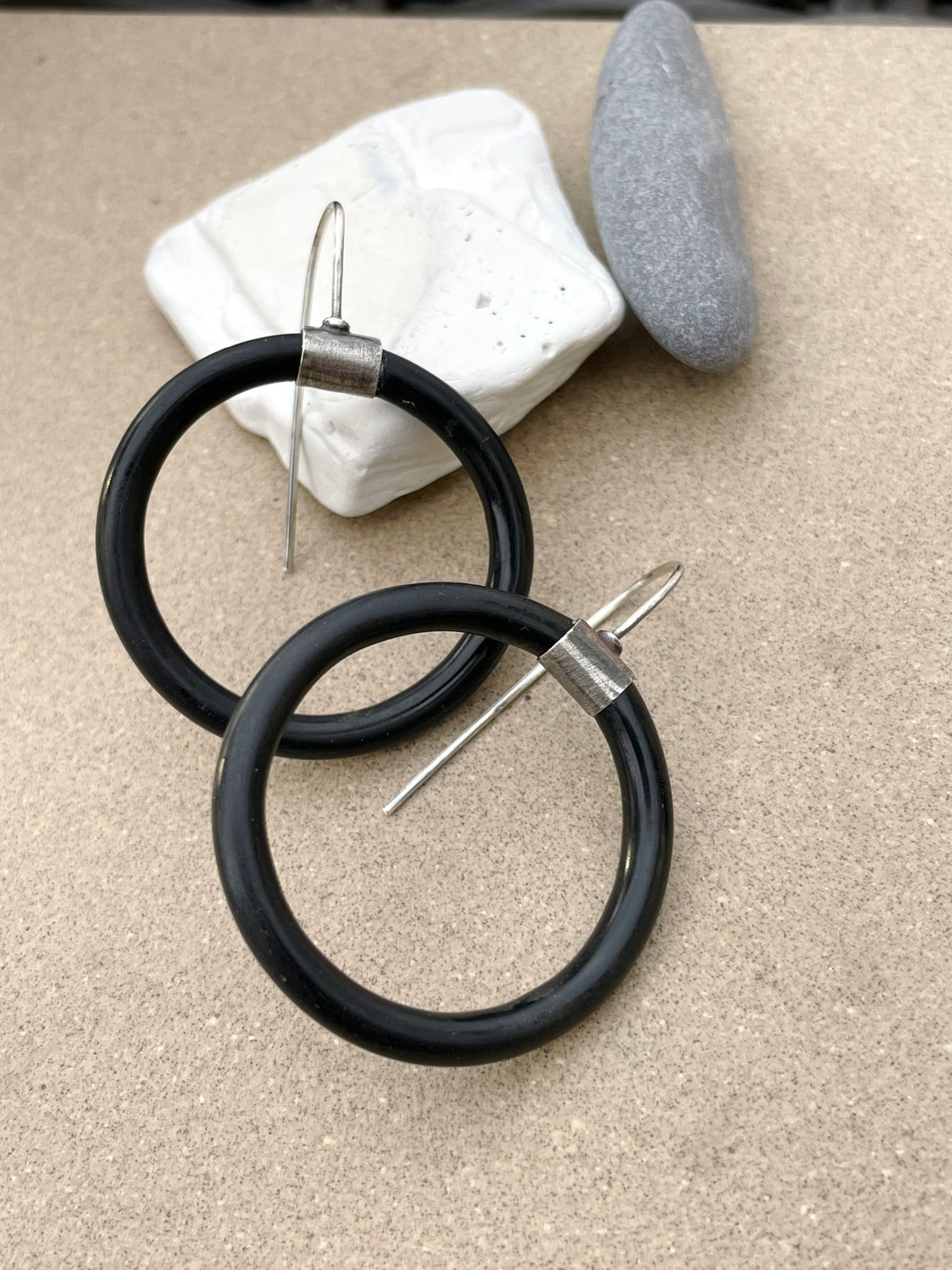 Repurposed Vintage Black Telephone Cord Sterling Silver Circle Earrings