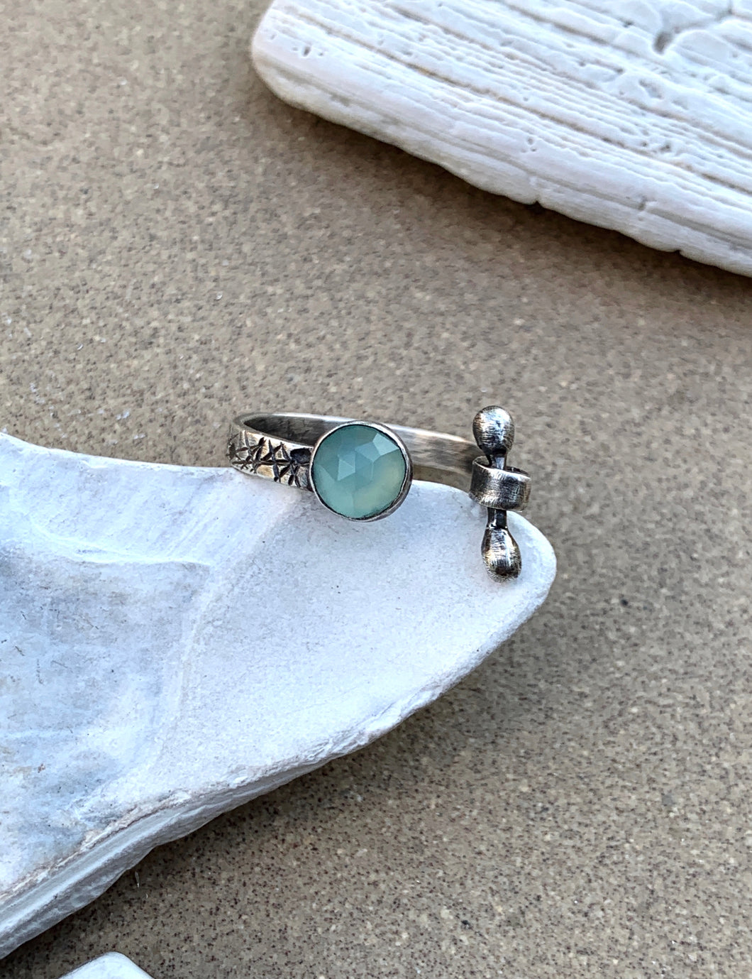 Sterling Silver Blue Chalcedony Stamped Adjustable Ring